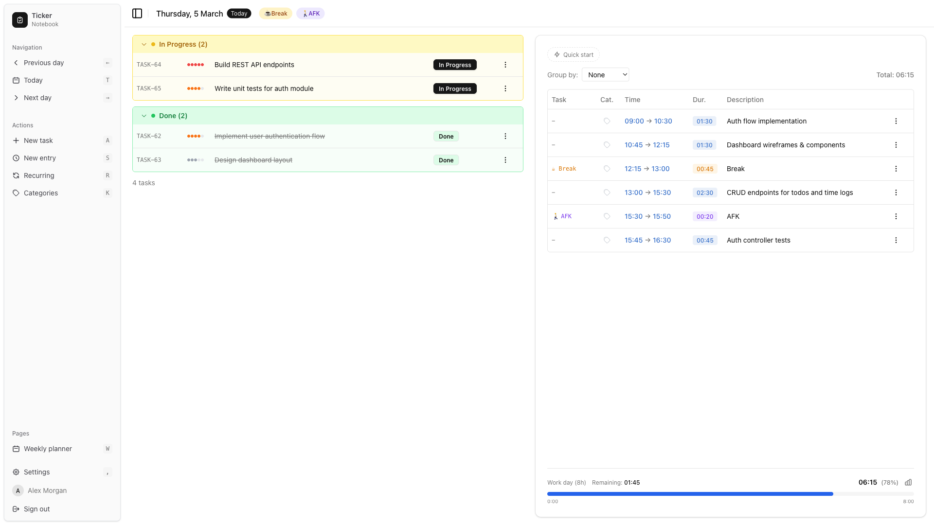 Ticker app - daily notebook with tasks and time tracking
