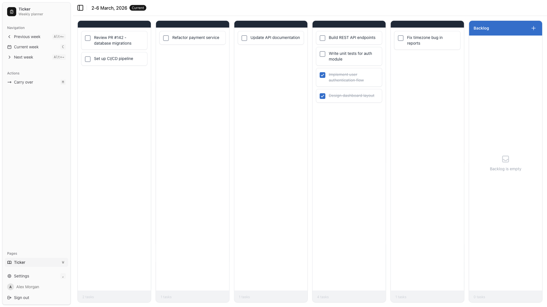 Ticker app - weekly planner with tasks distributed across days